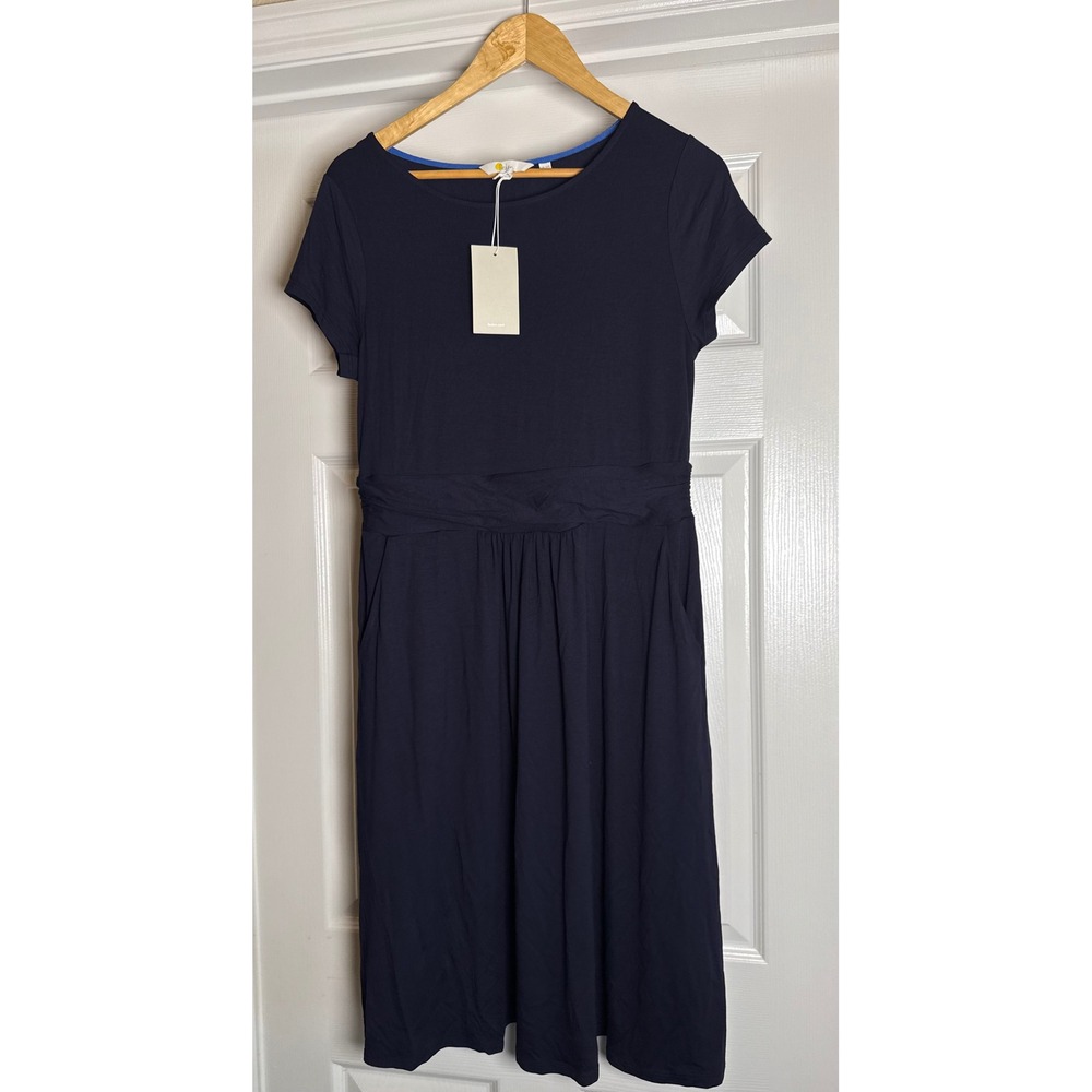 Boden Dress Womens 10 Navy Blue Empire Waist Jersey Pocket Short Sleeve New
